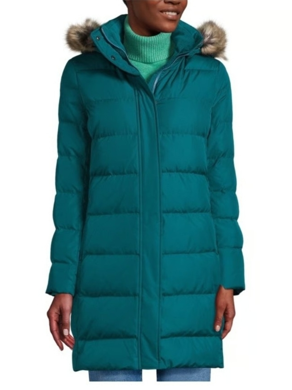 Lands' End Women's Evening Teal Max 600 Down Puffer Coat Fur Hood Jacket L/T